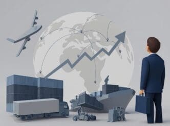 An illustration of international trade showing a businessman looking at a cargo ship, airplane, and truck, with a rising arrow over a globe to symbolize global logistics and commerce.