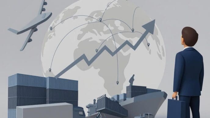 An illustration of international trade showing a businessman looking at a cargo ship, airplane, and truck, with a rising arrow over a globe to symbolize global logistics and commerce.