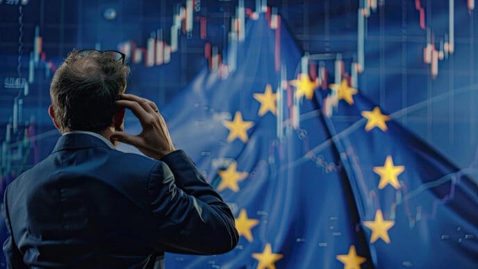 A man in a suit, seen from behind, stands with a hand to his head, looking at a volatile financial stock chart superimposed over a blurred European Union flag, symbolizing market analysis.