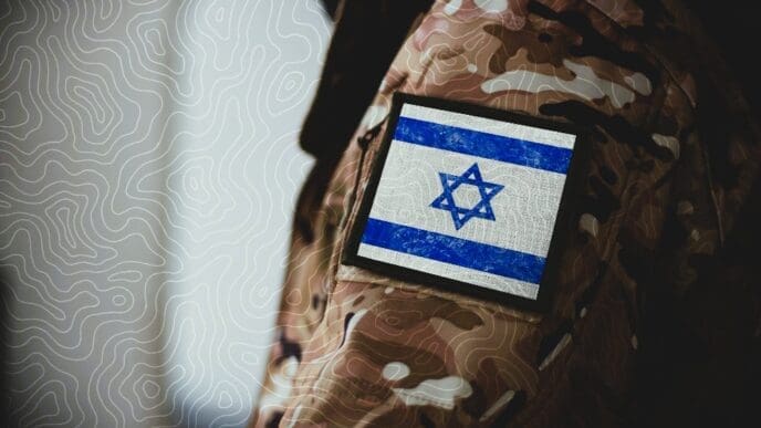 A close-up photograph of a soldier's uniform sleeve, which has a desert camouflage pattern and features a patch of the national flag of Israel. A white topographic map pattern is overlaid on the left side of the image.