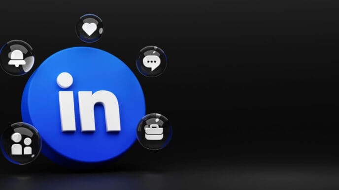 A 3D rendering of the circular LinkedIn logo surrounded by floating glass spheres containing other icons like a heart, a notification bell, a briefcase for jobs, a speech bubble, and a network icon.