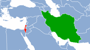 A locator map of the Middle East showing the country of Iran highlighted in solid green and the country of Israel highlighted in solid red to illustrate their geographical locations.