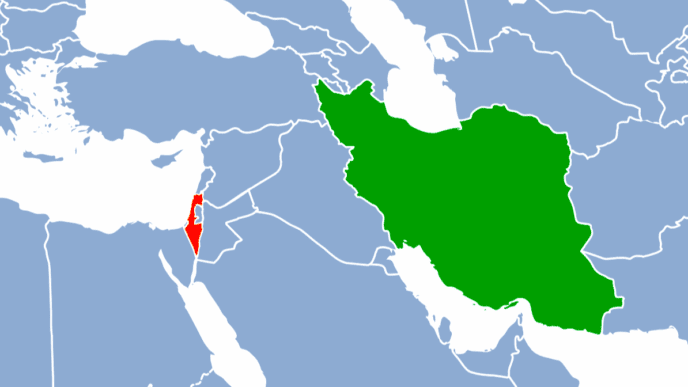 A locator map of the Middle East showing the country of Iran highlighted in solid green and the country of Israel highlighted in solid red to illustrate their geographical locations.