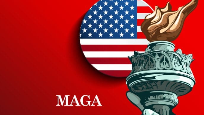 A political illustration showing the hand and torch of the Statue of Liberty in front of a circular American flag icon, with the acronym "MAGA" written in white on a red background.