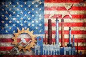 A stylized collage with a distressed American flag as the background. In the foreground are illustrations of a factory with smokestacks, a large gear, and tools like a hammer and wrench, symbolizing American industry.