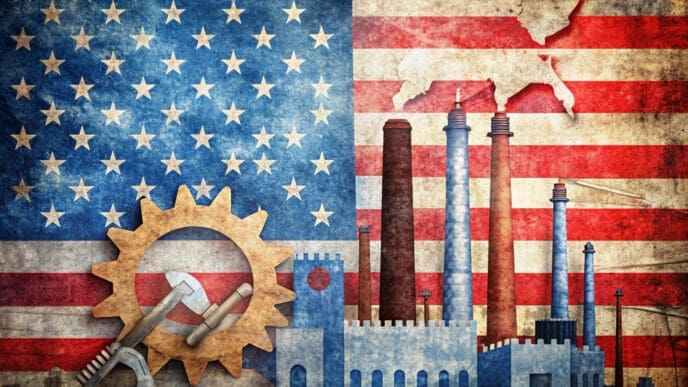A stylized collage with a distressed American flag as the background. In the foreground are illustrations of a factory with smokestacks, a large gear, and tools like a hammer and wrench, symbolizing American industry.