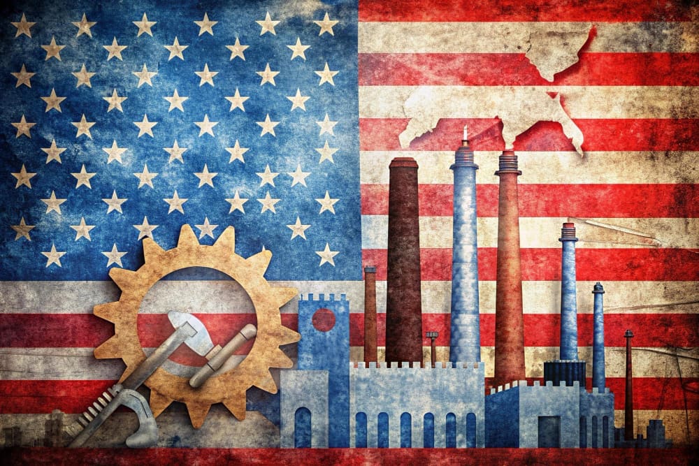 A stylized collage with a distressed American flag as the background. In the foreground are illustrations of a factory with smokestacks, a large gear, and tools like a hammer and wrench, symbolizing American industry.