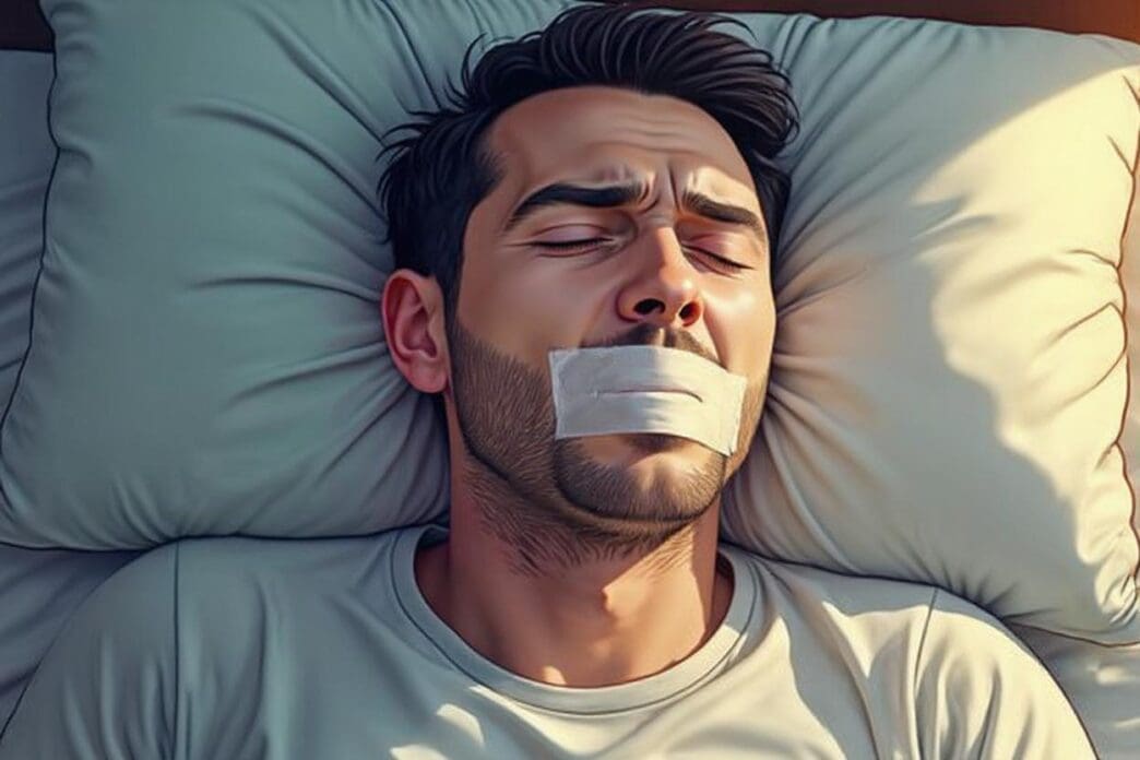 A man with a strained expression is lying in bed with a piece of white tape over his mouth, illustrating the "mouth taping" trend for sleeping.