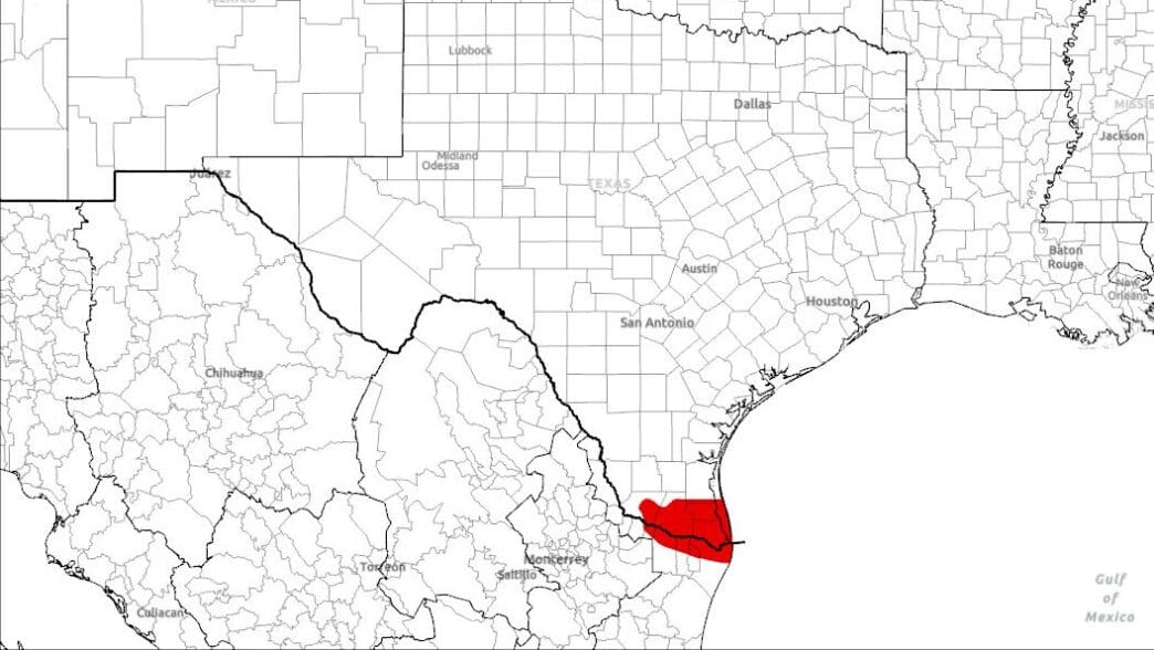 A political map of the state of Texas and northern Mexico, with the Rio Grande Valley region along the border clearly highlighted in solid red.