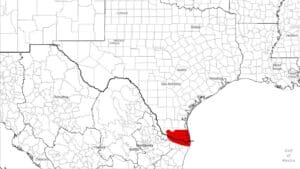 A political map of the state of Texas and northern Mexico, with the Rio Grande Valley region along the border clearly highlighted in solid red.