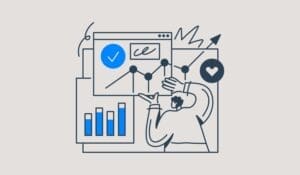 A flat vector illustration of a person gesturing towards a large digital screen displaying a line graph with an upward trend and a checkmark icon. Below it is a bar chart also showing growth, symbolizing data analysis and positive results.