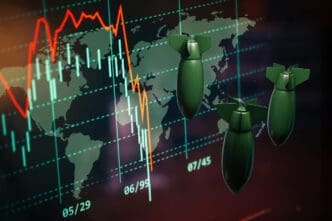 A conceptual image showing three large bombs superimposed on a world map that is overlaid with a volatile, declining stock market chart, symbolizing the economic impact of war.