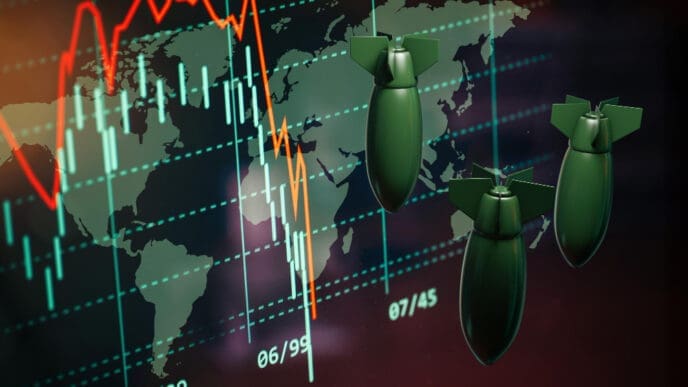 A conceptual image showing three large bombs superimposed on a world map that is overlaid with a volatile, declining stock market chart, symbolizing the economic impact of war.