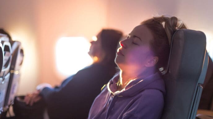 A young woman who appears to be White, with her eyes closed and head tilted back, sits peacefully in an airplane seat, illuminated by warm sunlight from a window, suggesting meditation or deep relaxation.