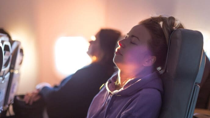 A young woman who appears to be White, with her eyes closed and head tilted back, sits peacefully in an airplane seat, illuminated by warm sunlight from a window, suggesting meditation or deep relaxation.