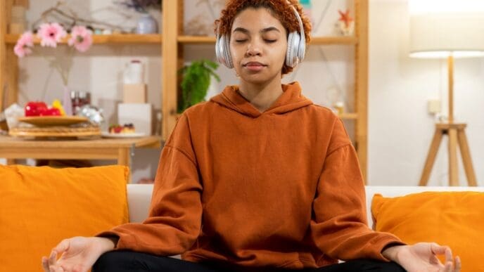 A young woman who appears to be Black or mixed-race, with short curly hair, sits cross-legged on a sofa with her eyes closed, wearing white over-ear headphones and holding her hands in a meditation mudra.
