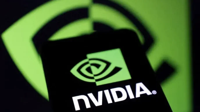 A smartphone displaying the bright green NVIDIA logo on its screen, held in front of a larger, blurred NVIDIA logo in the background, creating a repeated visual motif.