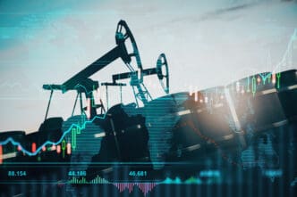 A conceptual image showing oil pumpjacks and barrels with a translucent overlay of a volatile financial stock chart and a world map, symbolizing the global oil market.