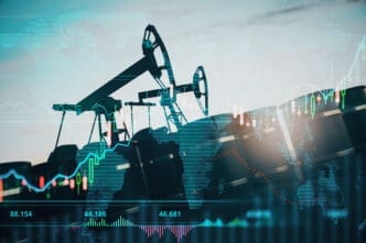 A conceptual image showing oil pumpjacks and barrels with a translucent overlay of a volatile financial stock chart and a world map, symbolizing the global oil market.