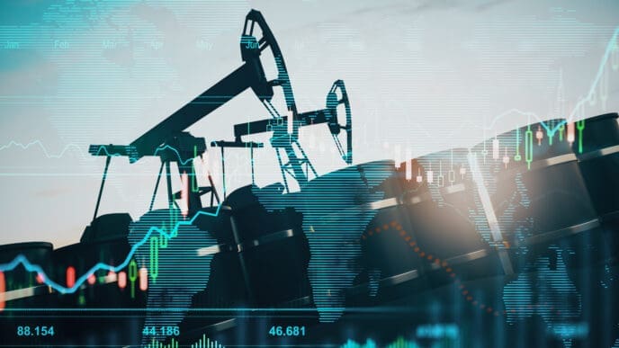 A conceptual image showing oil pumpjacks and barrels with a translucent overlay of a volatile financial stock chart and a world map, symbolizing the global oil market.