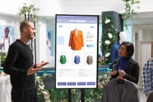 A male customer and a female store associate in a clothing store interact with a large touchscreen kiosk that displays an online shopping interface, demonstrating an omnichannel retail experience.