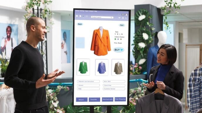 A male customer and a female store associate in a clothing store interact with a large touchscreen kiosk that displays an online shopping interface, demonstrating an omnichannel retail experience.