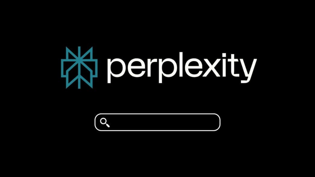 The logo for Perplexity AI, featuring a complex teal geometric icon resembling a snowflake or knot, next to the word 'perplexity' in lowercase, above a minimalist search bar, all on a black background.