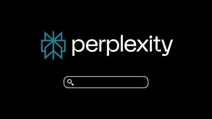 The logo for Perplexity AI, featuring a complex teal geometric icon resembling a snowflake or knot, next to the word 'perplexity' in lowercase, above a minimalist search bar, all on a black background.