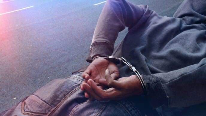 A person wearing a hooded sweatshirt is lying on the pavement with their hands restrained behind their back in handcuffs, with what appear to be police lights glowing on them.