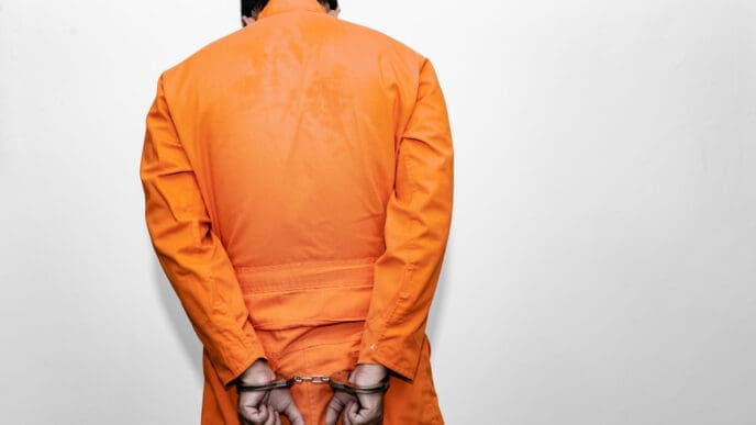 A person wearing a bright orange jumpsuit is seen from behind, with their hands cuffed behind their back, standing against a plain light-colored background.