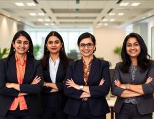 Four professional Indian women stand side-by-side in a modern office setting, smiling confidently with their arms crossed.