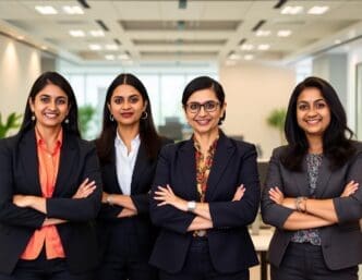 Four professional Indian women stand side-by-side in a modern office setting, smiling confidently with their arms crossed.
