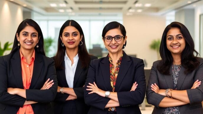 Four professional Indian women stand side-by-side in a modern office setting, smiling confidently with their arms crossed.