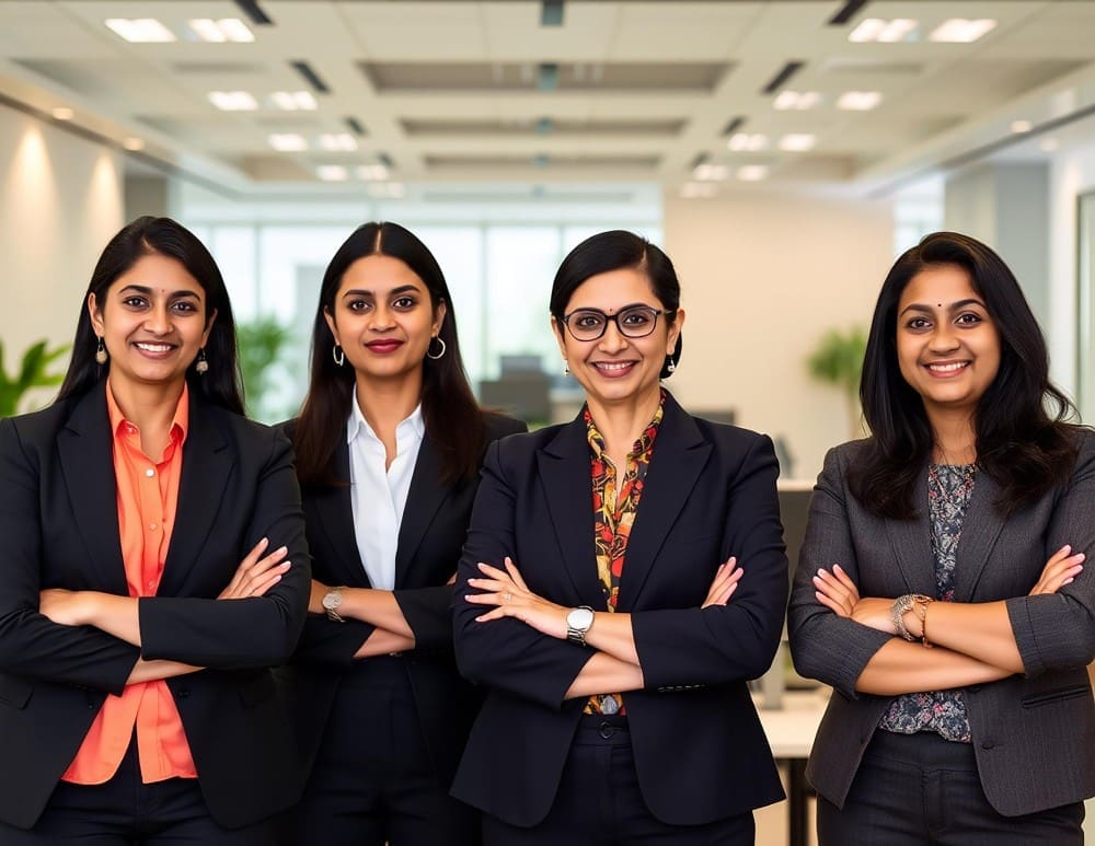Four professional Indian women stand side-by-side in a modern office setting, smiling confidently with their arms crossed.