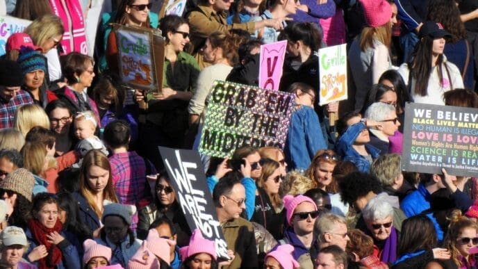 A dense crowd of diverse people at a protest, many wearing pink knitted "pussy hats." They are holding up handmade signs with political slogans, including "Grab 'em By The Midterms" and another listing progressive beliefs like "Black Lives Matter" and "Women's Rights Are Human Rights."