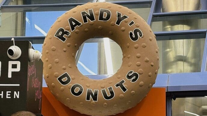 A giant, iconic brown donut-shaped sign for "Randy's Donuts" with raised "sprinkles" and the brand name in black letters, hanging in a modern indoor space at an airport.