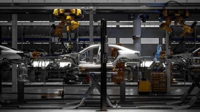 The metal frame of a car is held on a lift in the center of a factory assembly line, surrounded by large, yellow robotic arms used for welding and manufacturing.