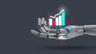 A metallic, robotic hand is open with its palm facing up, projecting a glowing, holographic bar chart and an upward-pointing arrow, symbolizing technological growth and investment.