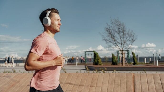 A man who appears to be White is jogging outdoors in an urban setting, wearing a pink t-shirt, dark shorts, and large white over-ear headphones. He looks focused, with a blurred background of people and greenery.