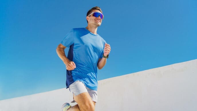 A man in a blue running shirt and light shorts is seen in mid-stride, wearing large, mirrored performance running sunglasses, running outdoors against a clear blue sky and a white wall.