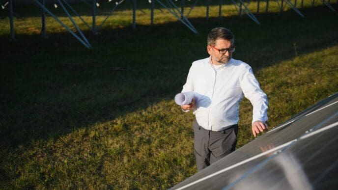A middle-aged male engineer or business owner, who appears to be White and is wearing glasses, stands in a field of solar panels, holding blueprints while inspecting a panel's surface during golden hour.