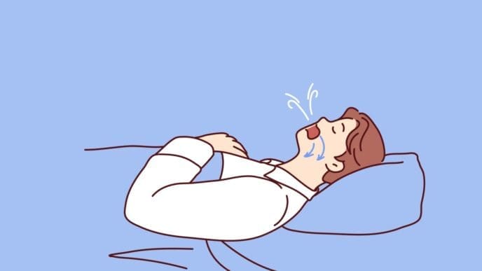A simple line-drawing illustration of a person lying on their back in bed and sleeping with their mouth open. Stylized lines and arrows indicate airflow and snoring, representing a breathing issue like sleep apnea.