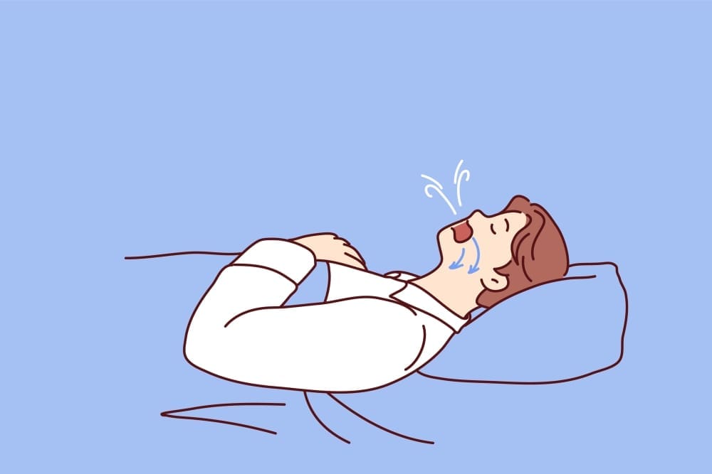 A simple line-drawing illustration of a person lying on their back in bed and sleeping with their mouth open. Stylized lines and arrows indicate airflow and snoring, representing a breathing issue like sleep apnea.