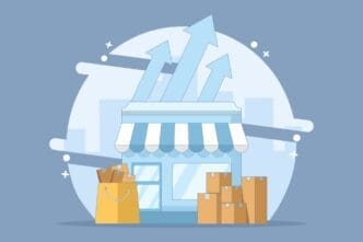 A flat vector illustration of a stylized small storefront with a striped awning. Stacked delivery boxes are outside the store, and a shopping bag full of packages is in the foreground. Three large upward-pointing arrows rise dramatically from behind the building, symbolizing business growth.