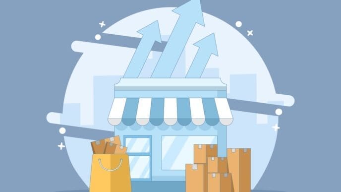 A flat vector illustration of a stylized small storefront with a striped awning. Stacked delivery boxes are outside the store, and a shopping bag full of packages is in the foreground. Three large upward-pointing arrows rise dramatically from behind the building, symbolizing business growth.