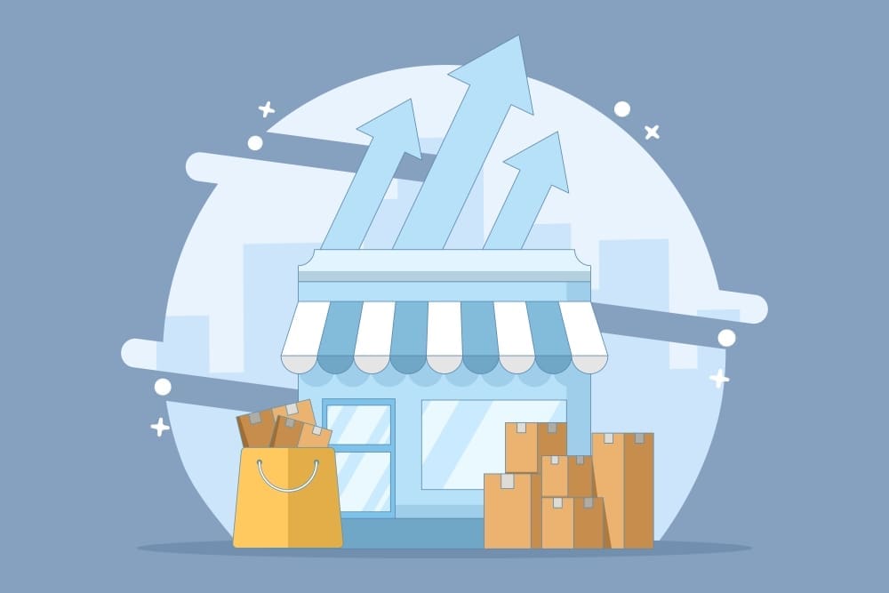 A flat vector illustration of a stylized small storefront with a striped awning. Stacked delivery boxes are outside the store, and a shopping bag full of packages is in the foreground. Three large upward-pointing arrows rise dramatically from behind the building, symbolizing business growth.