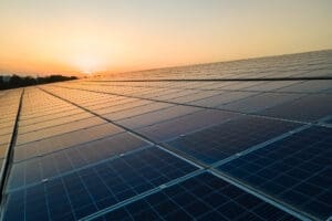 An elevated view looking across a vast field of solar panels at a solar farm. The warm, golden light of the setting or rising sun is visible on the horizon and reflects off the panel surfaces.