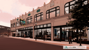 An architectural rendering of the SparkHaus building in Covington, Kentucky, showing a renovated two-story historic building with modern, glass-fronted retail spaces on the ground floor.