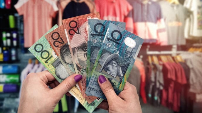 A close-up of a person's hands holding a fan of Australian dollar banknotes ($100, $20, and $10 notes) inside a clothing store, with racks of clothes blurred in the background.