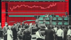 A conceptual image of financial chaos, showing a large red stock market chart crashing downwards while traders in a control room monitor multiple screens with economic data.